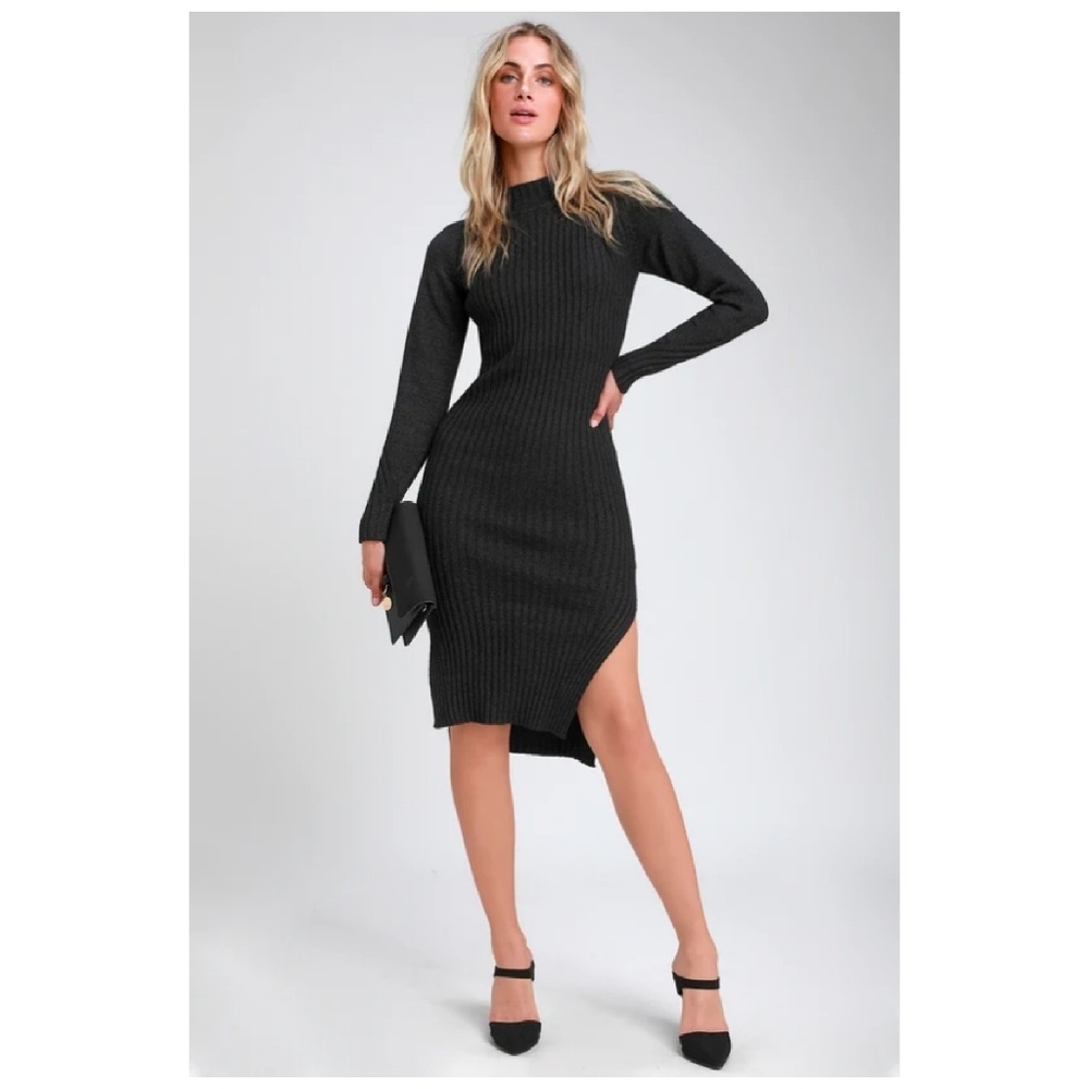 NWT Charcoal Grey Mock Neck Midi Sweater Dress